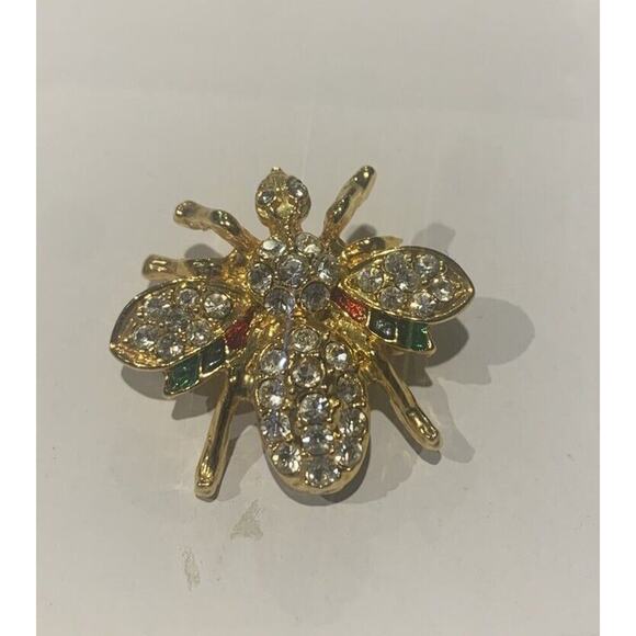 Vintage Gold Tone Bee Insect Crystal Rhinestone Brooch Pin Bug Glass - Picture 1 of 6